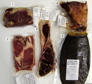 Strange meat: 1) Yak meat was dark and fairly well marbled but felt tough. 2) Lion meat looked like pork and was very soft when raw. 3) Bear meat was extremely dark and very soft. 4) Beaver tail, bony and fatty. 5) Beaver flapper --looks like reptile skin and feels like a floppy canoe paddle.