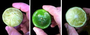 Left: hand-juiced ime front and back; Right: machine juiced lime.