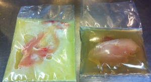 Random experiment: Chicken was cooked in chicken stock with cal (on left) and plain chicken stock (on right).  Results were inconclusive, but the majority of the people found the Cal chicken to be "more chicken-y."