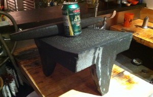 Metate (the table), Mano (the pin), and a can of pastuerized Pulque. Ready to go.