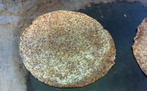 Nixtamalized whole rye tortilla.