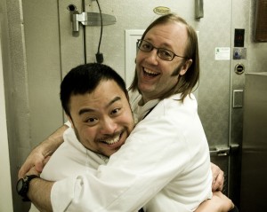 Dave Chang and Wylie Dufresne blowing off steam after their dishes were done.