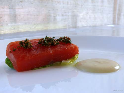 No Diving:  No Smoking:  Cured trout, smoked potato cream, pressure-cooked mustard seeds, served warm. (Cooking mustard seeds in the pressure cooker makes them eat like caviar, with all of the mustard flavor but very little heat).  