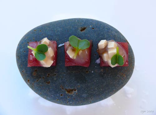 Donâ€™t Throw Stones in a Glass House (thankfully, no one did): Tuna with miso soup fluid gel.