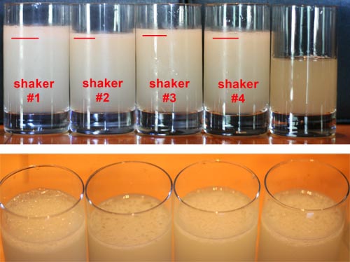 The very first shake. All other pictures are presented in the same order.  These are the drinks right after they were poured. The red line is where the crystals and foam stopped. On the bottom is a close-up of the tops. On the top far-right is a glass of measured but unshaken daiquiri.