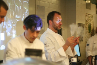 Nils chilling the glasses with liquid nitrogen while Dave prepares the Cold Buttered Rum