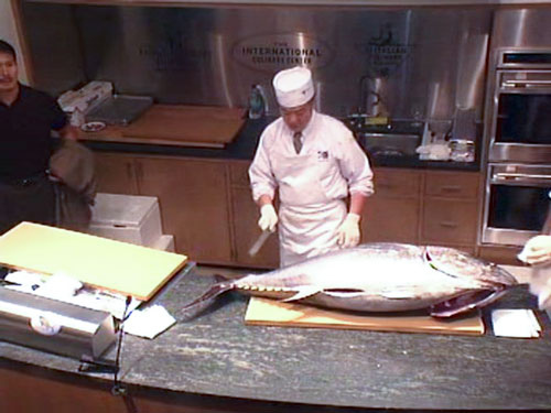 Chef Suzuki with a whole Kindai Bluefin Tuna. It weighs about 60 kilos and costs about 72 dollars a kilo.