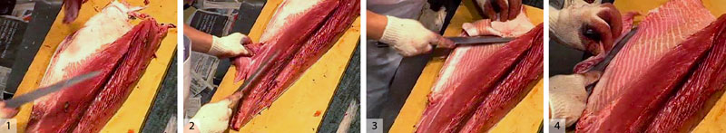 1) Trim a little bit of the white fatty membrane on the inside of the belly (Suzuki has just done this). 2) Trim the fin area. Suzuki likes this cut of meat. He says itâ€™s like beef. 3) and 4) Trim the rest of the membrane areas on the inside of the belly.  Suzuki likes these pieces, too â€“more beef.