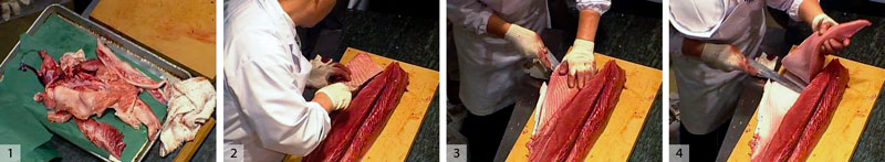 1) The trimmings from the belly and fins. 2) 3) and 4) Cut off the bottom portion of the belly. This will be the fattiest part: the otoro.