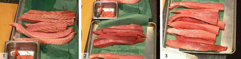 The pieces of the belly cho: 1) The otoro; 2) the akami; 3) the chutoro.