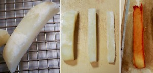 We took oversize fries; blanched the hell out of them; then cut them down with a sharp knife.  We were testing whether surface-rougness=crunch or overcooking=crunch --so wewanted to create an overcooked fry with a smooth surface.