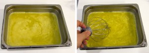Here we demonstrate the technique on orange juice. First set the juice with 2 grams of agar per kilo of juice and let it gel.  Second, break up the gel with a whisk.